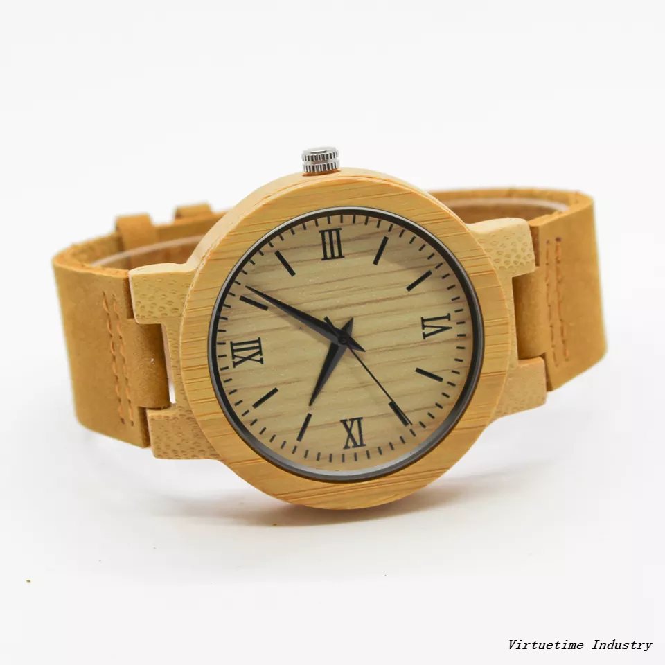 Engraved Bamboo Wooden Watch Custom Waterproof Men Wood Watch with Leather Strap