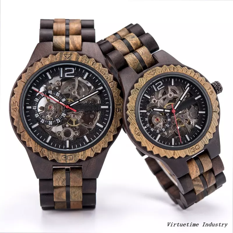 Couple Automatic Wood Watch with See Through Case Back Wholesale Customized Wooden Accessories Gift