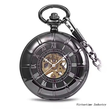 Simple Black Roman Mechanical Pocket Watch Mens Hands Scale Skeleton Pocket Watch