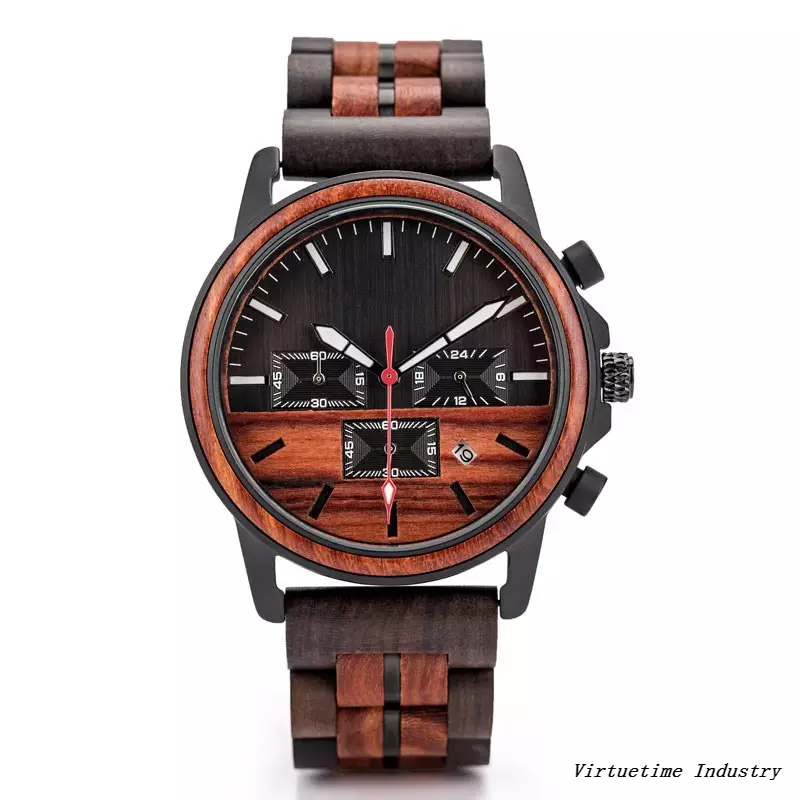 Luminous Wooden Chronograph Quartz Watch Custom Logo