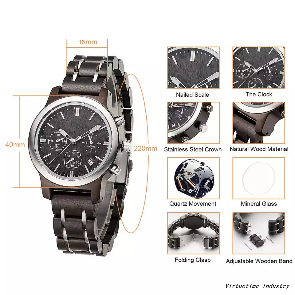 Wholesale Stainless Steel with Wood Watches Customize Black Sandal Wooden Watch